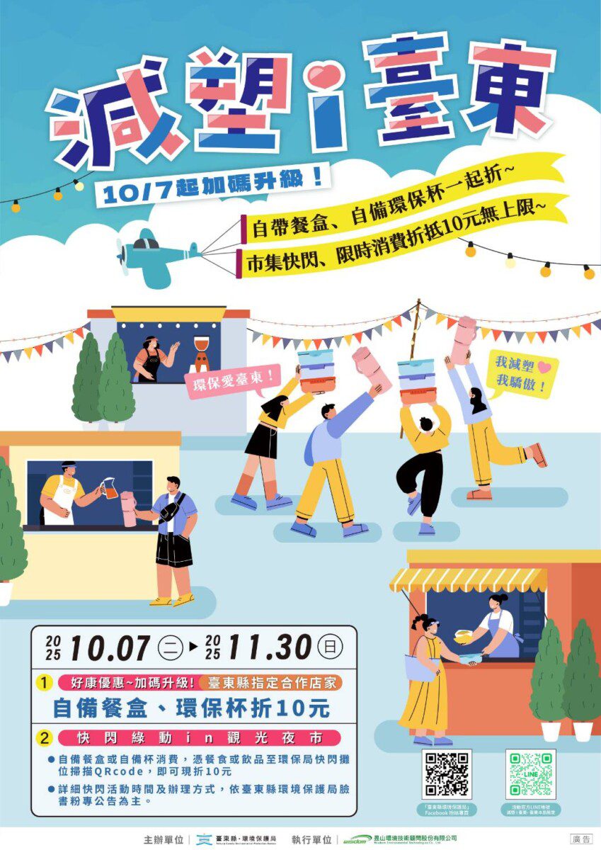 「減塑 i 臺東」倒數1個月! 自備餐盒與環保杯享折抵優惠 「減塑 i 臺東」倒數1個月! 自備餐盒與環保杯享折抵優惠