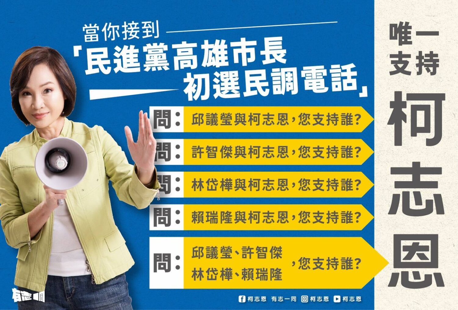 柯志恩呼籲支持者 接民調電話「唯一支持柯志恩」