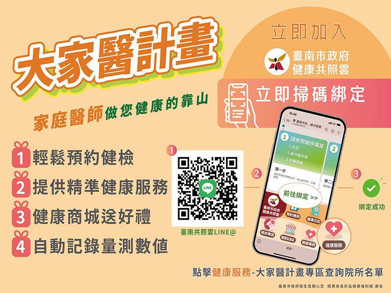 趕快掃碼綁定！　台南12家醫院518家診所加入「大家醫計畫」