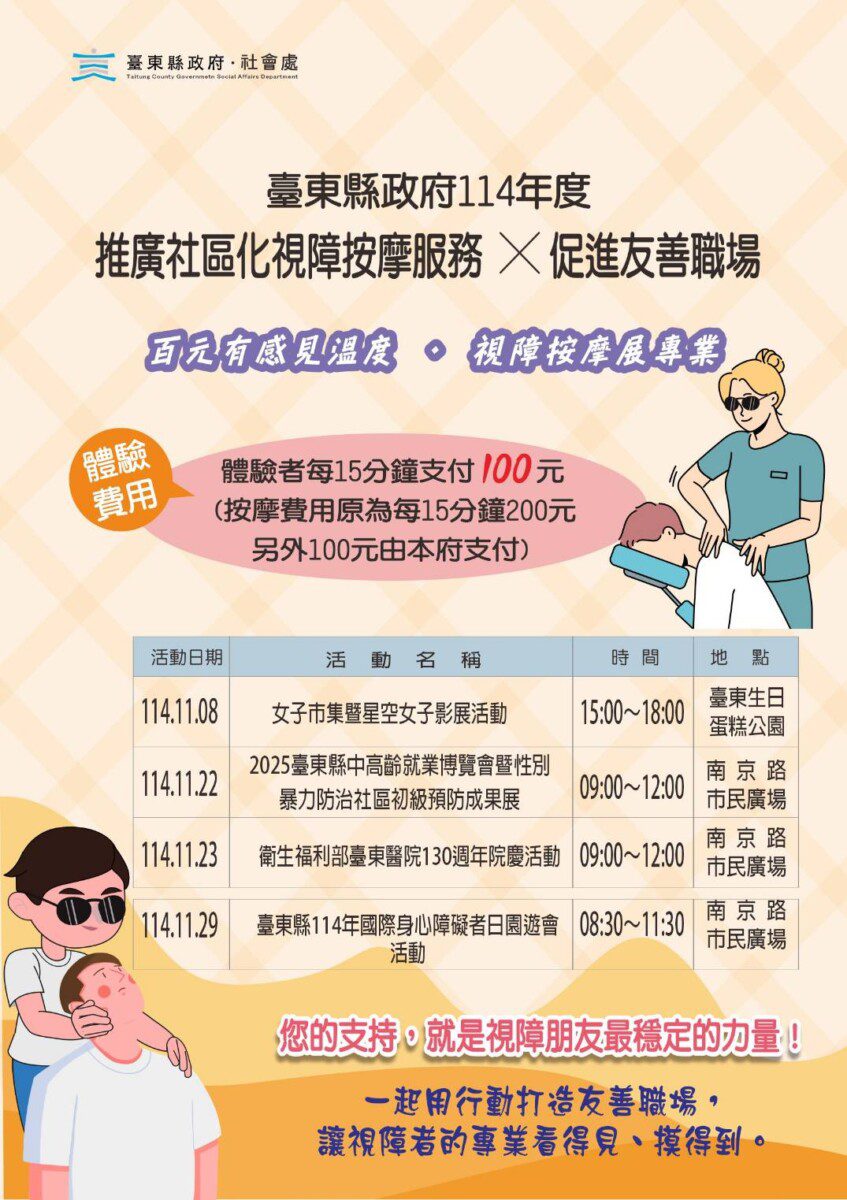 視障按摩展專業 臺東縣府百元體驗活動 11/29南京路市民廣場見