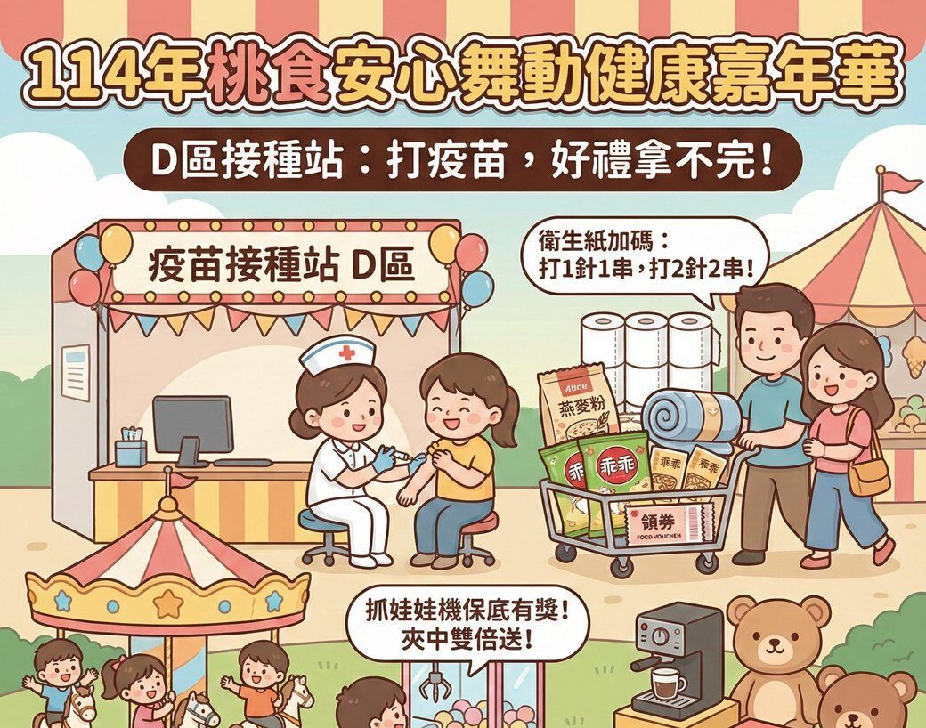 打疫苗拿好禮！桃食安心舞動健康嘉年華12/6開跑 抽咖啡機、卡通玩偶
