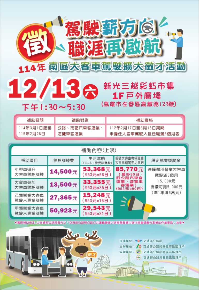 交通部大客車駕駛在高雄擴大徵才,12月13日等你加入 交通部大客車駕駛在高雄擴大徵才,12月13日等你加入
